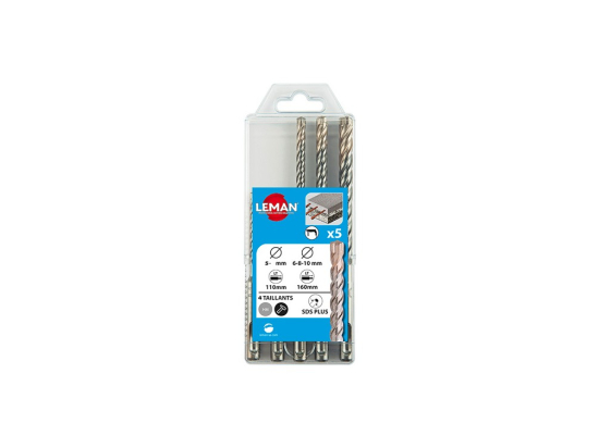 Leman : Coffret 5 forets carbure SDS+ 4 taillants L. 110/160 mm  D.5.6,8,10 mm