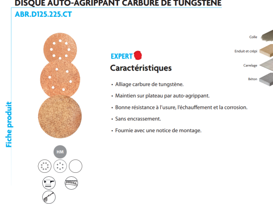 Disque auto-agrippant 225 mm - carbure de tungstene Grain 36