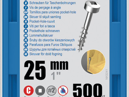 Kreg : Vis galvanisée 25 mm  filetage gros tête cylindrique, 500 unités