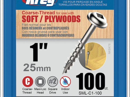 Kreg : Vis galvanisée 25 mm  / 1", gros filet, Maxi-Loc, 100 pièces