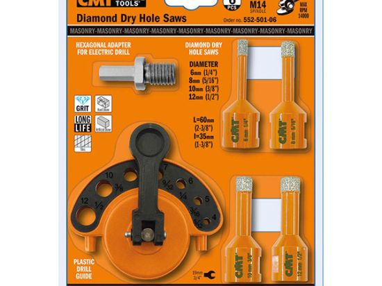 CMT : Set de 4 Trépan - scie cloche diamantées 5 / 6 / 8 et 12 mm - queue M14