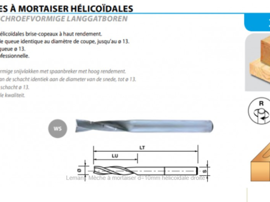 Leman : Mèche à mortaiser d=14mm helicoidale gauche