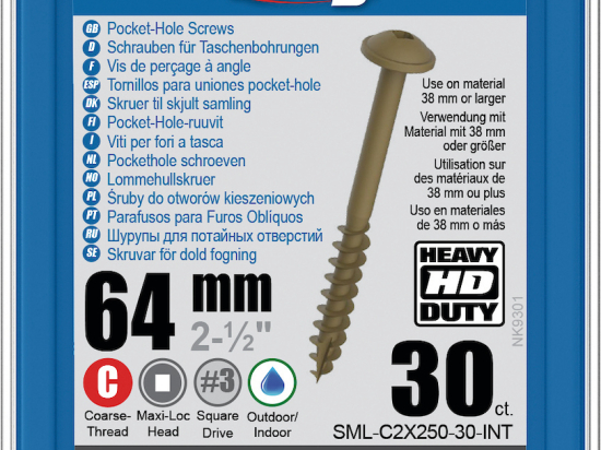 Kreg : Vis  Protec-Kote 64 mm / 2,5", gros filet, Maxi-Loc, 30 pièces
