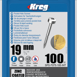 Kreg : Vis galvanisée 19 mm  filetage fin n ° 6, tête cylindrique, 100 unités