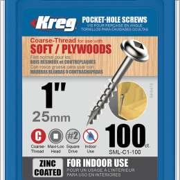 Kreg : Vis galvanisée 25 mm  / 1", gros filet, Maxi-Loc, 100 pièces