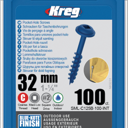 Kreg : Vis  Blue-Kote 32 mm / 1,25", gros filet, Maxi-Loc, 100 pièces
